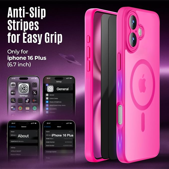Symcele Designed for iPhone 16 Plus Case, Compatible with MagSafe, with Privacy Screen Protectors X2, [Camera Protection] [15FT Military Drop Protection] Shockproof Phone Case, 6.7", Hot Pink
