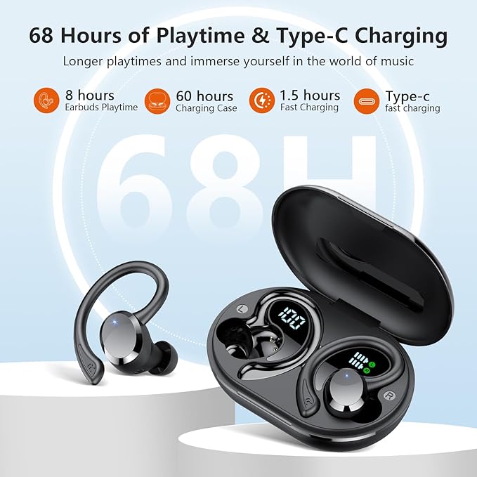 sprtoybat Over Ear Earbuds with Hook, 2026 New Bluetooth 5.4 Sports Wireless Earbuds, 68Hrs Playtime LED Display, IPX7 Waterproof Ear Buds, ENC Noise Cancelling Mic for Running/Workout