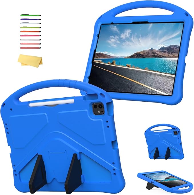 Kids Case for iPad Pro 13 inch M5/M4 (2025/2024) with Kickstand/Pencil Holder/Handle Stand Lightweight Soft EVA Foam Shockproof Heavy Duty Rugged Protection Kids Girls Boys Cover, Blue