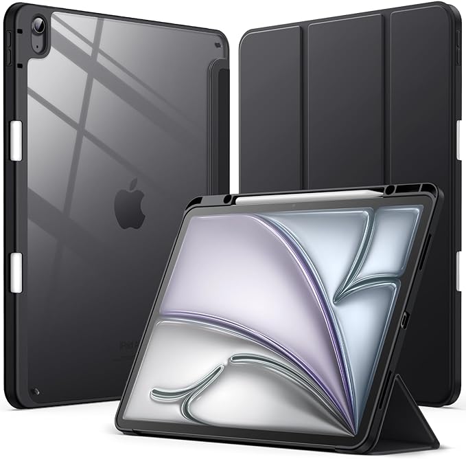 JETech Case for iPad Air 13-Inch M4/M3/M2 (2026/2025/2024) with Pencil Holder, Clear Transparent Back Shell Slim Stand Shockproof Tablet Cover, Auto Wake/Sleep (Black)