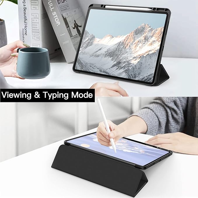 JETech Case for iPad Pro 12.9-Inch (2022/2021/2020/2018) with Pencil Holder, Clear Transparent Back Shell Slim Stand Shockproof Tablet Cover, Auto Wake/Sleep (Black)