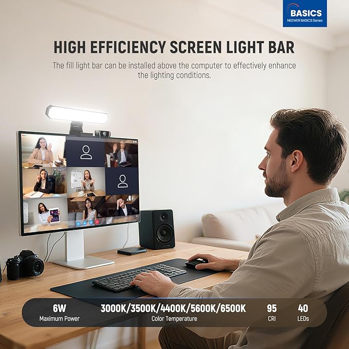 NEEWER Basics 6W Monitor Light Bar with Stand/Remote/Touch Control, Bi Color Dimmable LED Lamp for Home Office Desk Video Conference Lighting Computer Laptop Webcam Zoom Gaming Streaming Reading, L10