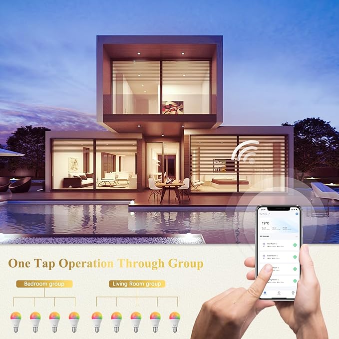 DiCUNO Smart Light Bulbs, Full Color Changing Bulb, Compatible with Alexa, Google Assistant, No Hub Required, RGBCW Multicolor Dimmable Smart LED WiFi Bluetooth A19 E26 9W 800LM Lights, 4-Pack
