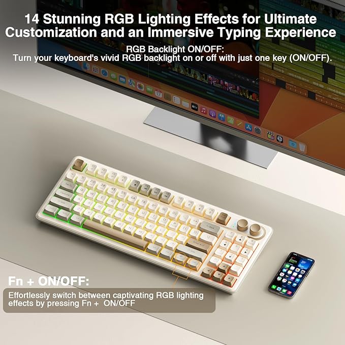 SOLAKAKA SK90 75% Wireless Gaming Keyboard - 4000mAh Tri-Mode (BT5.0/2.4G/USB-C) Cute Creamy Gaming Keyboard with Number Pad, Media Knob, RGB Backlit, Quiet Keys Silent Office Keyboards for PC MAC