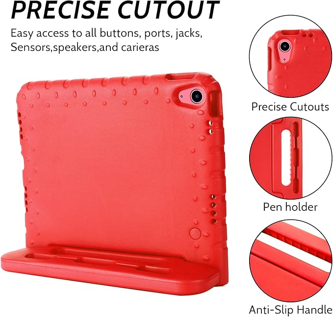 Dteck Kids Case for iPad 10th Generation 10.9" 2022,iPad 10th Gen Case with Pencil Holder, Shockproof Rugged Lightweight EVA Handle Stand Child Proof Kids Case for 10.9 inch iPad 10th Generation,Red