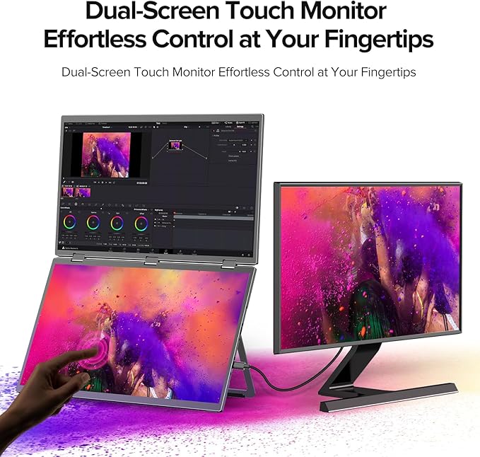 UPERFECT Delta 18.5" 100Hz Touchscreen Dual Portable Monitor, Laptop Screen Extender Stacked Triple Folding Monitor with Stand & VESA for Laptop PC Phone Game Console (No Driver Needed)