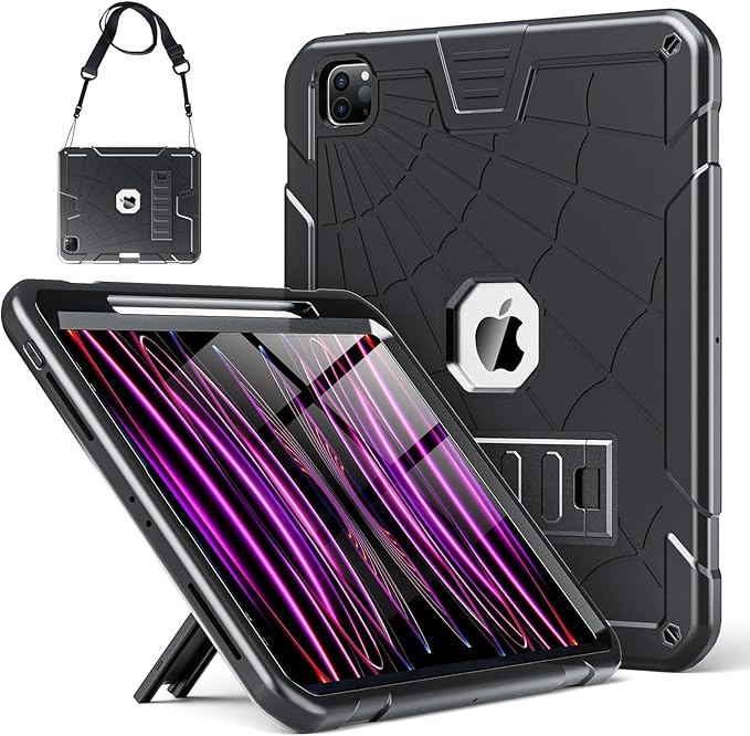 TSQQST Case for iPad Pro 12.9 Inch 6th Generation 2022 with Screen Protector | Full Body Protection Kids Case with Pencil Holder Stand for iPad Pro 12.9 Inch 5th/4th/3rd Gen 2021/2020/2018 | Black