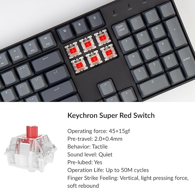 Keychron K10 Full Size Layout RGB Backlit Hot-Swappable Mechanical Gaming Keyboard for Mac Windows, Multitasking 104-Key Bluetooth Wireless/USB Wired Computer Keyboard with Keychron Super Red Switch