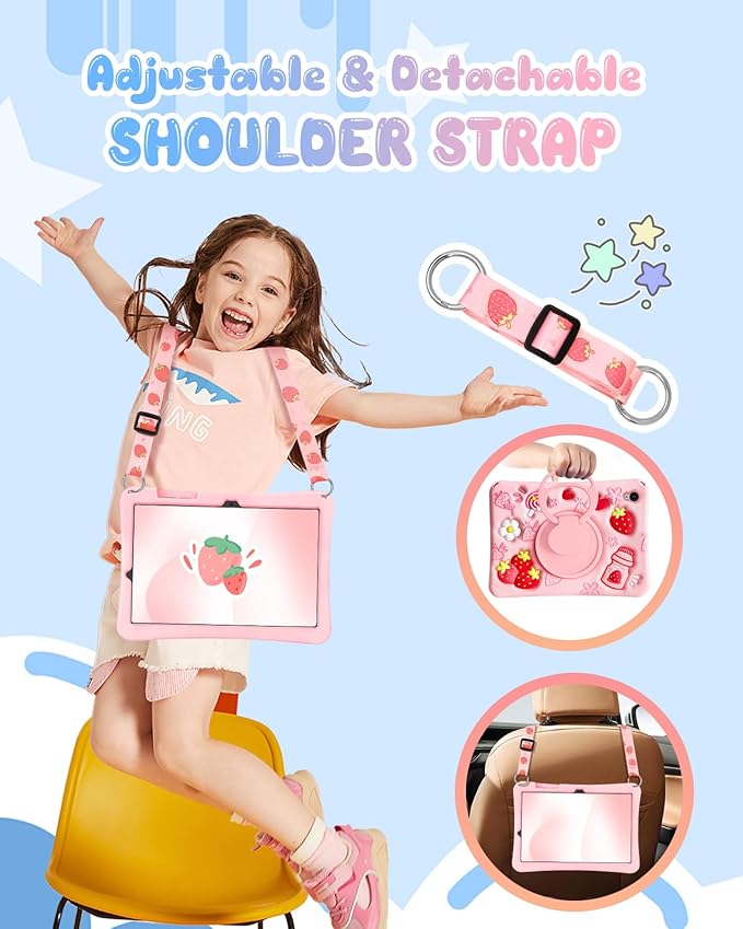 Boaretiu for Samsung Galaxy Tab S10 FE/ S9 FE Case - Soft Silicone Case with Shoulder Strap & Rotating Stand Strawberry Cute Cartoon 3D Kawaii for Girls Girly Women for Tab 2025 S10 FE/ 2023 S9 FE