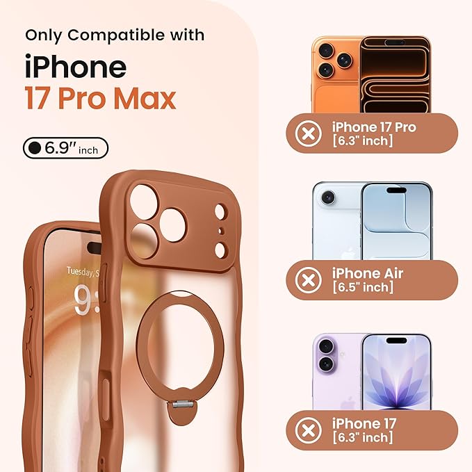 CAPRARO for iPhone 17 Pro Max Case with 360° Spin Magnetic Stand for Women, [Compatible with MagSafe] [Full Camera Protection] Cute Wave Translucent Matte Case for iPhone 17 Pro Max, Cosmic Orange