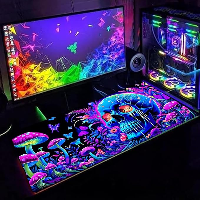 Simpkeely Large Skull Mushroom Gaming Mouse Pad - UV Light Reactive Neon Glow Butterfly Mat Waterproof XL Non-Slip Rubber Base for Computer & Keyboard, 31.5" x 11.8"