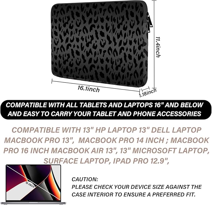 Laptop Sleeve Bag 15.6-16 inch,Compatible with MacBook Air 15 inch M2 2023 A2941/16 Pro M2 A2780 M1 A2485 /Pro Retina 15 A1990,Chromebook,HP,15.3-16 inch Notebook (Black Leopard Cheetah)