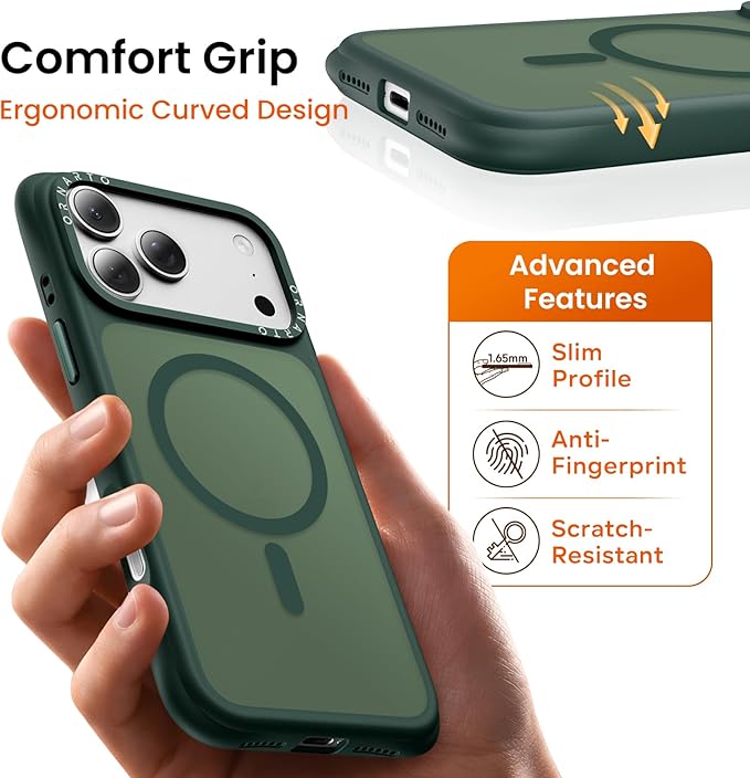ORNARTO Magnetic for iPhone 17 Pro Max Case, 20FT Military-Grade Drop Protection, Compatible with MagSafe, Slim Shockproof Translucent Matte Phone Case for iPhone 17 Pro Max 6.9", Olive Green