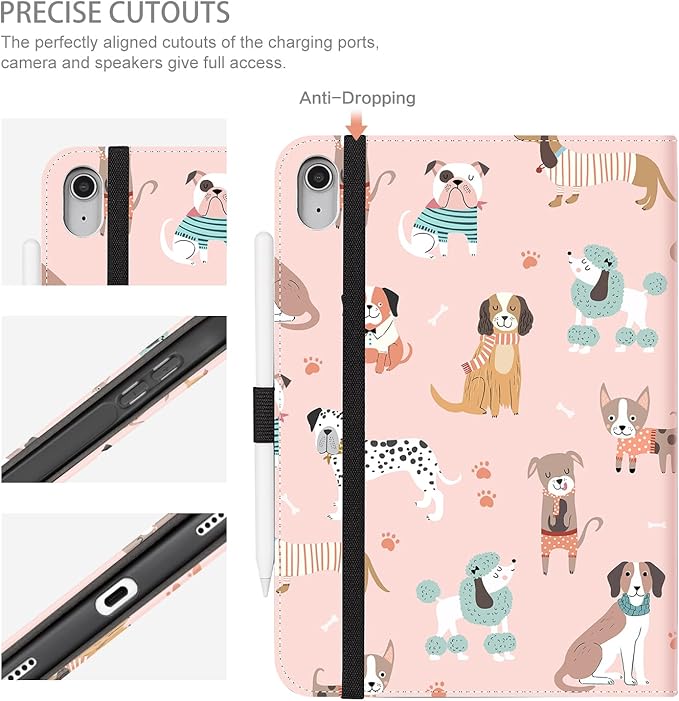 for iPad (A16) 11Th/10Th Generation Case 2025/2022, Cute Dog for iPad Case 11Th/10Th Generation, iPad 10Th/11Th Gen Cases Cover Pencil Holder/Hand Strap/Pocket/Adjustable Stand, Pink Dogs