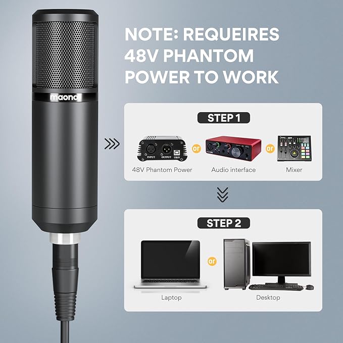 MAONO XLR Condenser Microphone, Professional Cardioid Studio Mic with Boom Arm, Pop Filter, Compatible with Audio Interface and Mixer for Streaming, Podcasting, Vocal Recording, Music, PM320S