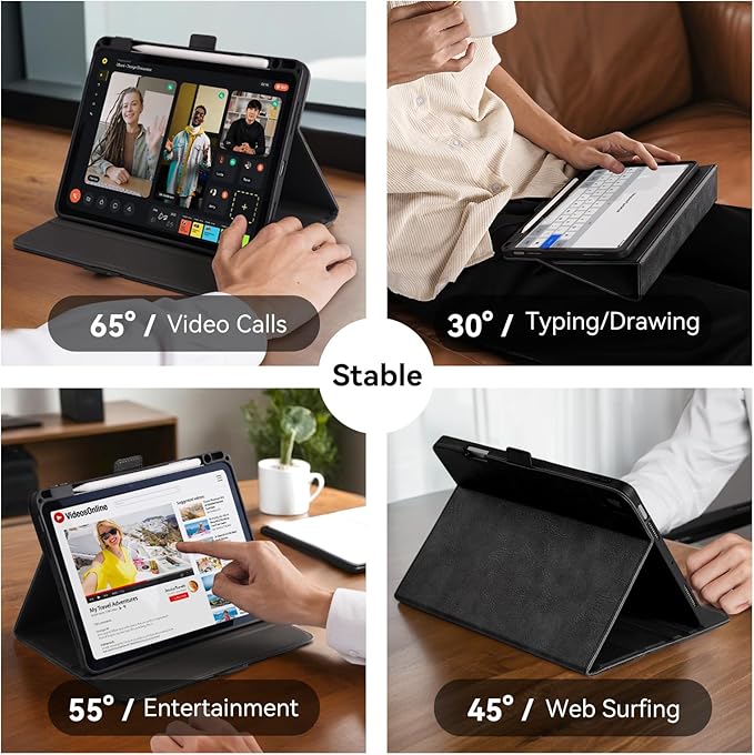 Handmade Case for iPad Air 13 Inch M4/M3/M2 (2026/2025/2024) with Pencil Holder Pocket,Magnetic Closure,Multi Angles Stand,Typing Angle,Folio Protective Cover,Auto Sleep/Wake,Black