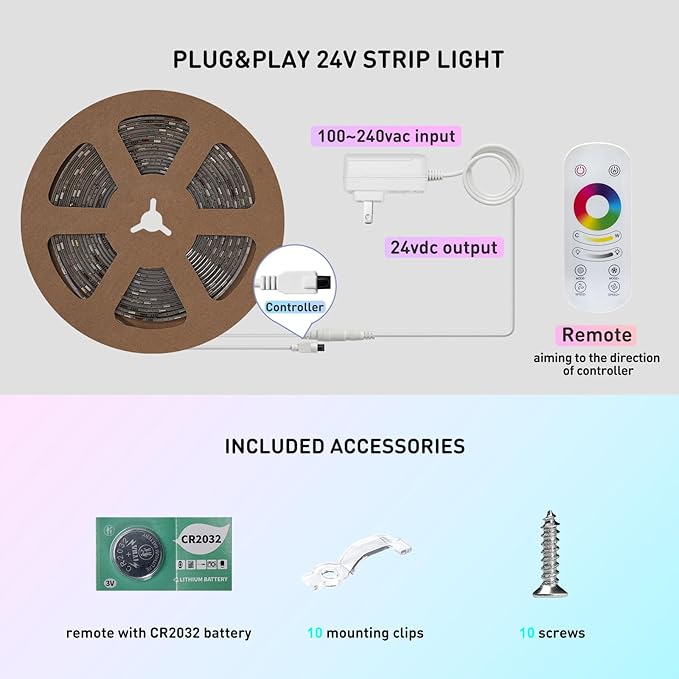 Shine Decor LED Strip Light RGBWW +CCT +IC, Multi Functions Warm/Cool White Tunable Bright Dimmable Color Chasing, Flexible Adhesive 16.4FT with Remote & 24V ETL Power for Indoor