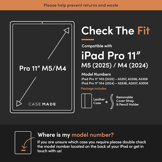 Casemade Real Leather Case Compatible with iPad Pro 11” M5 (2025)/M4 (2024) - Full-Grain Leather Cover, Auto Sleep/Wake, Dual Stand Position (Black)