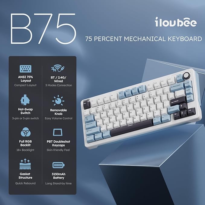 iLovBee B75 Wireless Mechanical Keyboard, Creamy 75% Percent RGB Gaming Keyboard with Knob, Bluetooth/2.4GHz/USB Wired Hot Swappable Keyboards, Gasket Mounted PBT Keycaps, Pre-Lubed Linear Switches