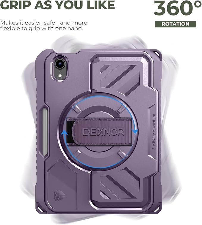Dexnor Case for iPad mini 7 (A17 Pro) 2024/mini 6 2021 8.3 inch, Rugged Protective Case with 360° Rotating Hand Strap & Large Stand & Screen Protector&Pencil Holder Shockproof Full-Body Cover, Purple