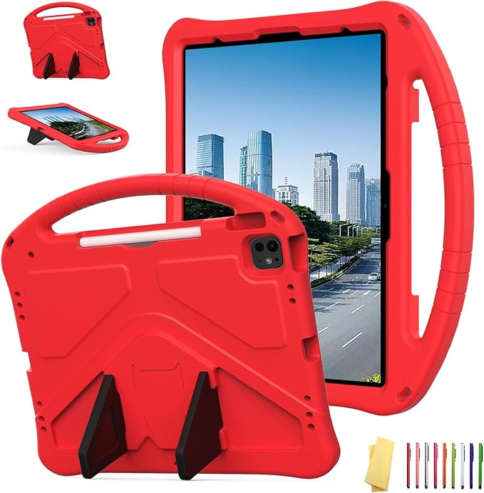 for iPad Pro 12.9 inch Kids Case 6th/5th/4th/3rd Generation (2022/2021/2020/2018) with Kickstand/Pencil Holder/Handle Stand Lightweight Soft EVA Shockproof Heavy Duty Protective Cover, Red