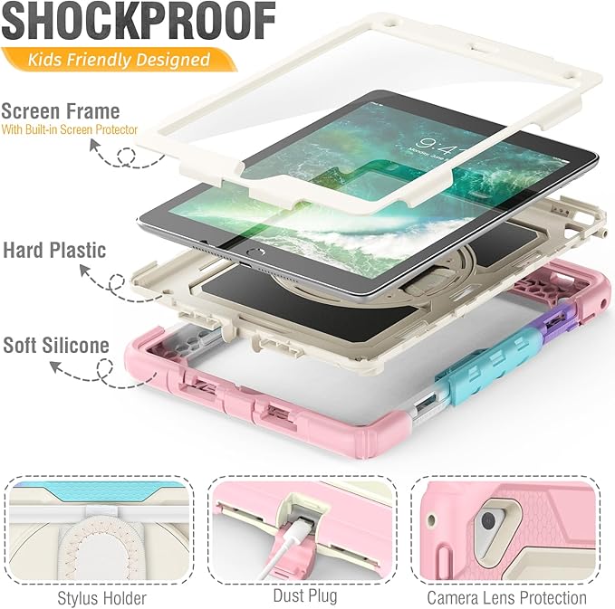 HXCASEAC Rugged Case for iPad Pro 9.7, iPad Air 2, 9.7 inch, Full Body Protective Design with Pencil Holder, Built-in Screen Protector, Rotating Stand, Hand Strap, for iPad Air 2 Hard Case (Pink)