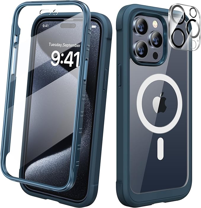 Diaclara Magnetic Designed for iPhone 15 Pro Max Case Full Body Bumper,[Compatible with MagSafe] Military Drop Proof Cover with Built-in Touch Sensitive Anti-Scratch Screen Protector,Blue