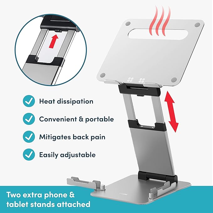Lifelong Adjustable Laptop Stand for Desk, Ergonomic Aluminum Laptop Riser, Portable Foldable Computer Stand, Height up to 20”, Fits 10-17” Laptops for Desk-Mounted with Phone & Tablet Holder
