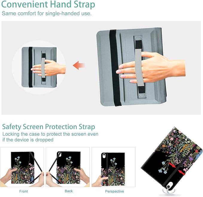 for iPad (A16) 11Th/10Th Generation Case 2025/2022,for iPad Case 11th/10Th Generation 360 Degree Rotating 4 Viewing Angles Pencil Holder/Hand Strap/Pocket Auto Wake/Sleep Cover, Black Flowers