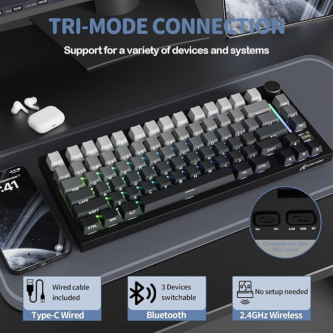 ATTACK SHARK X820 Ultra 75% Wireless Gaming Mechanical Keyboard Hot-Swappable Gasket Mount RGB Backlit BT/2.4G/Wired Custom Keyboard with Smart TFT Display&Knob QMK Driver-Moonlit Night&Shark Switch