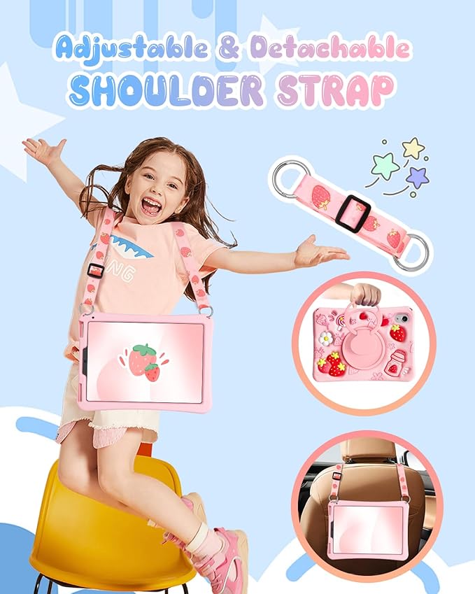 Boaretiu for iPad mini 7 A17 Pro Case for iPad mini 7th/6th Generation - Soft Silicone Cute Cartoon with Shoulder Strap & Rotating Stand Kawaii for Women Girls Girly Kid Teens Cover, Strawberry