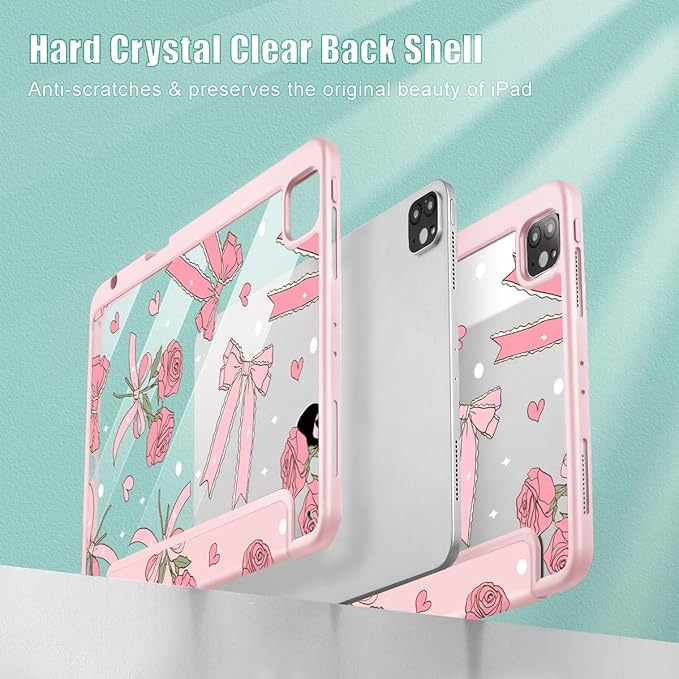 Tuiklol for iPad Pro 12.9 Inch 6th/5th/4th/3rd Generation 2022 2021 2020 2018 Case,Built-in Pencil Holder Clear Transparent Protective Back Shell Cover with Auto Sleep/Wake, Bow & Rose