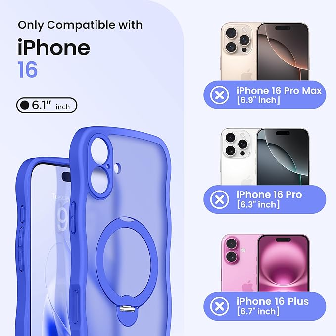 CAPRARO for iPhone 16 Case with 360° Spin Magnetic Stand for Women, [Compatible with MagSafe] [Full Camera Protection] Cute Wave Translucent Matte Case for iPhone 16, Ultramarine