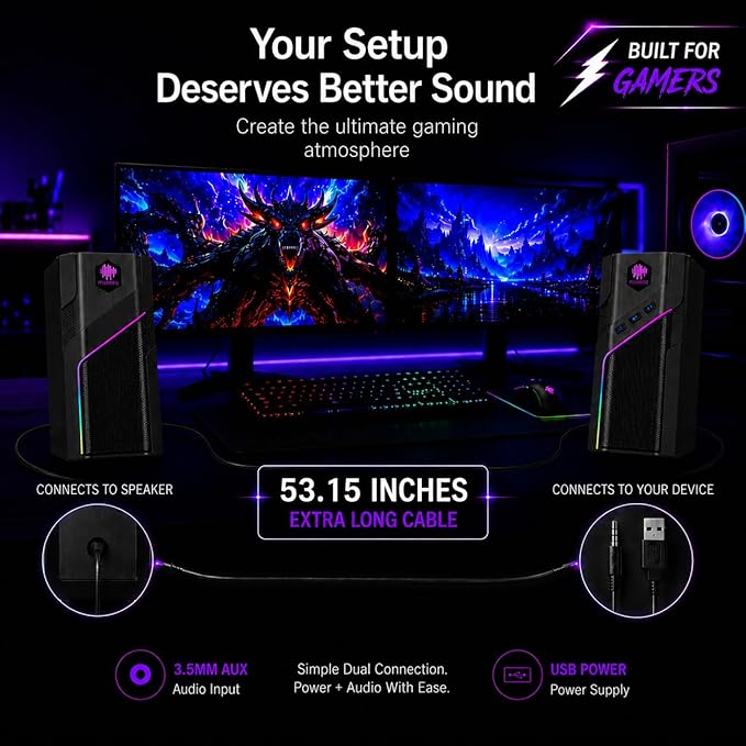 W-206RE RGB Gaming Speakers for PC, Bluetooth & USB Desktop Speakers for Gaming PC and Monitor, Touch Control Stereo Computer Speakers with 21 LED Light Modes