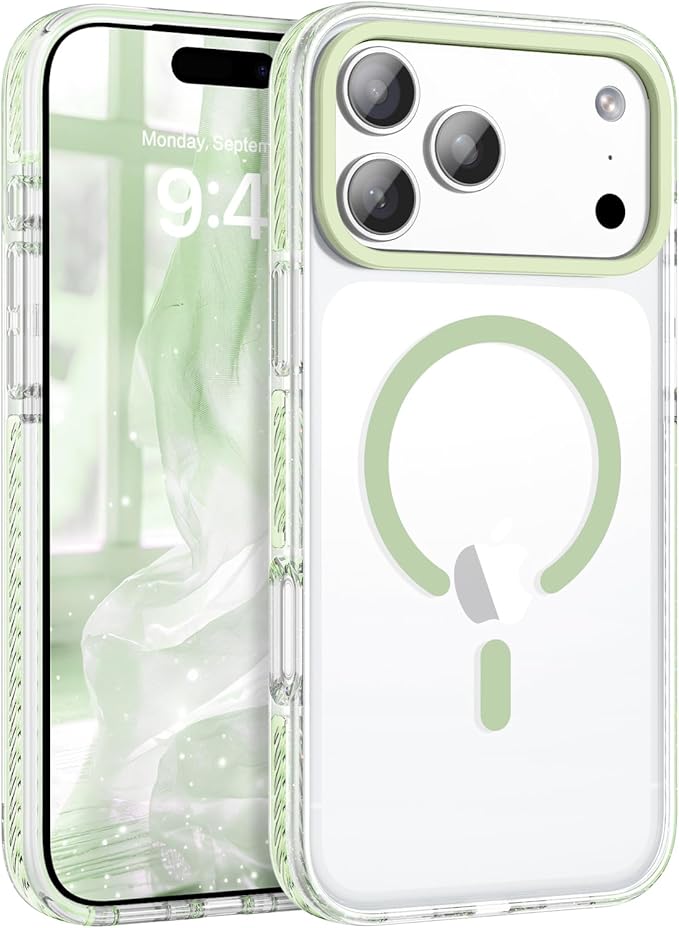 BENTOBEN Magnetic for iPhone 17 Pro Case 6.3", Compatible with Magsafe Military Shockproof Protective Bumper Cute Transparent Slim Anti-Yellowing Phone Case for iPhone 17 Pro Cover, Clear Light Green