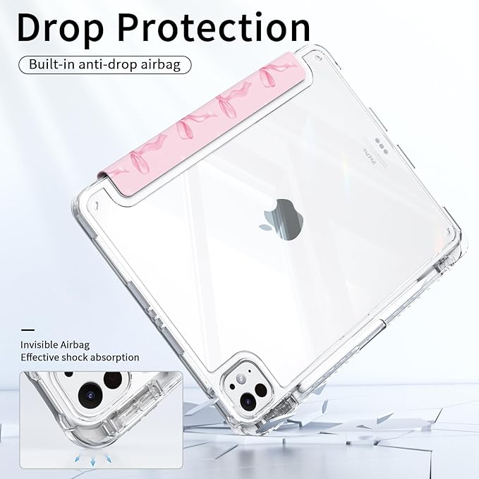 for iPad Air 13 Inch 2026/2025/2024 (M4/M3/M2) Case, Slim iPad Pro 12.9" 6th/5th/4th/3rd Generation Case, Trifold Stable Stand Protective Clear Back Cover with Pencil Holder, Pink Bows