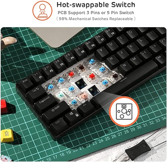 RK ROYAL KLUDGE RK61 Wireless 60% Triple Mode BT5.0/2.4G/USB-C Mechanical Keyboard, 61 Keys Wireless Mechanical Keyboard, Compact Gaming Keyboard with Software (Hot Swappable Blue Switch, Black)