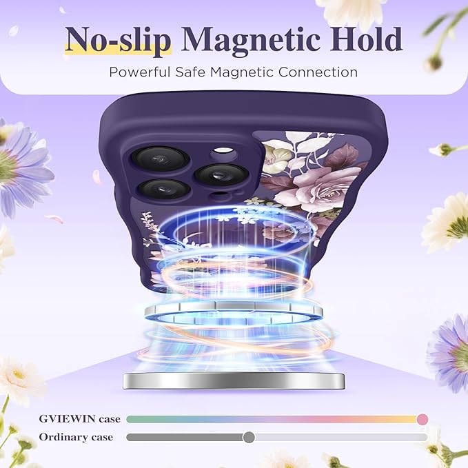 GVIEWIN for iPhone 14 Pro Max Case Compatible with MagSafe [Curly Wave Edge][Full Camera Protection] Floral Translucent Shockproof Magnetic Women Phone Case for 14 Pro Max, Cherry Blossoms/Deep Purple