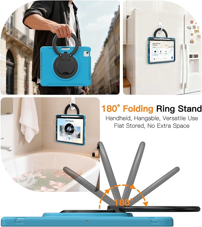 BATYUE Shockproof Case for iPad Air 11" M2/M3/M4, Air 4/5 10.9", iPad Pro 11" 1st-4th Gen 2018-2022 | 360° Multi-Angle Stand (Portrait & Landscape) & Grip, Built-in Pencil Holder, Lake Blue