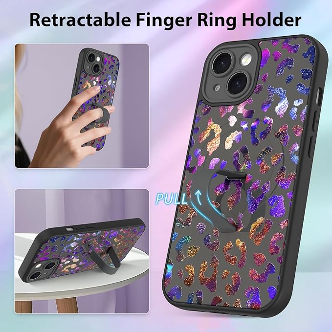 KANGHAR Compatible with iPhone 15 Case, Support for MagSafe, Silicone Cute Iridescent Leopard Cheetah Pattern, Wristband Kickstand Shockproof Protective Slim Cover for Women Girls, Black