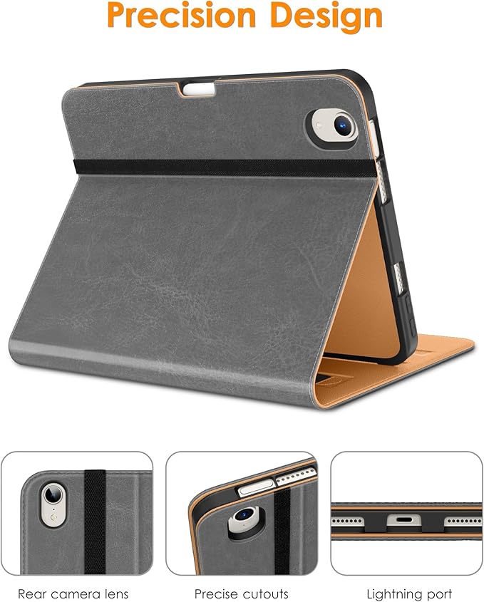 DTTO for iPad Mini 7th (A17 Pro) 2024/iPad Mini 6th Generation Case 2021 8.3 Inch, Premium Leather Business Folio Stand Cover for Mini 7/6 with Pencil Holder-Multiple Viewing Angles, Gray