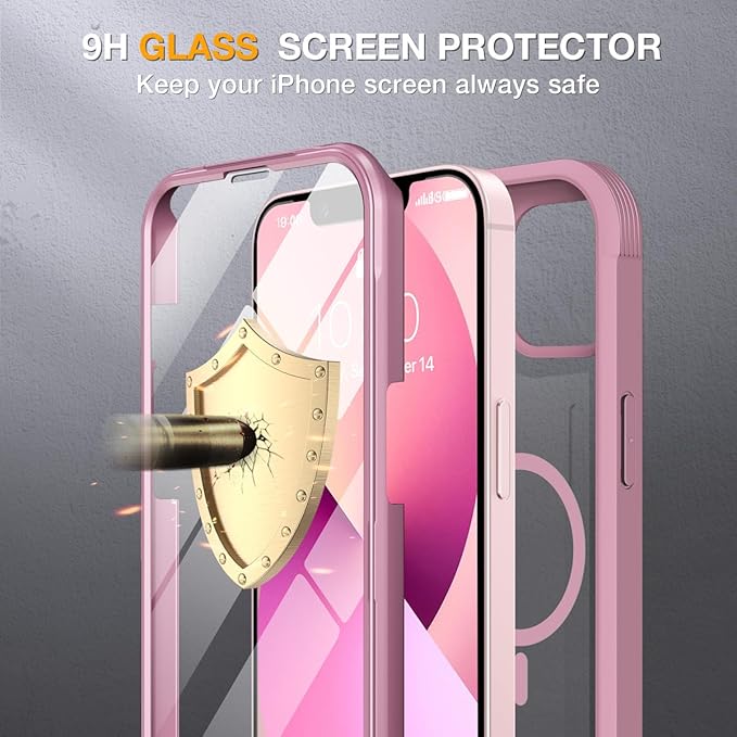 Miracase for iPhone 13 Case 6.1'',Full-Body Magnetic Clear Bumper Case with Built-in 9H Tempered Glass Screen Protector,Military Drop Protection Outdoor Phone Case,Pink