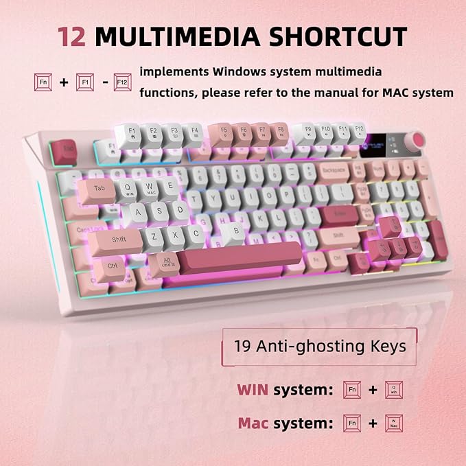 98-Key Wired Keyboard, RGB Backlit Gaming Keyboard with Volume Knob & Side Light Bar, 8 Lighting Modes & 7 Color Changes, Plug and Play USB Keyboard for PC/Mac,Laptop Pink