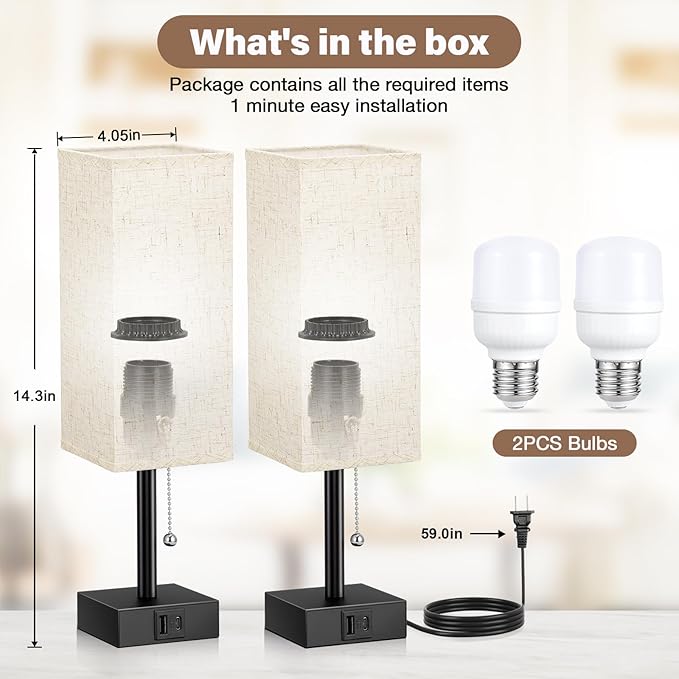 Fenmzee Bedside Lamps for Bedroom Set of 2 - Small Rectangular Nightstand Lamp with USB A C Charging Port, 3 Color Temperatures Desk Light with Bulb, Tabletop Reading Lamp for Living Room/Dorm/Office