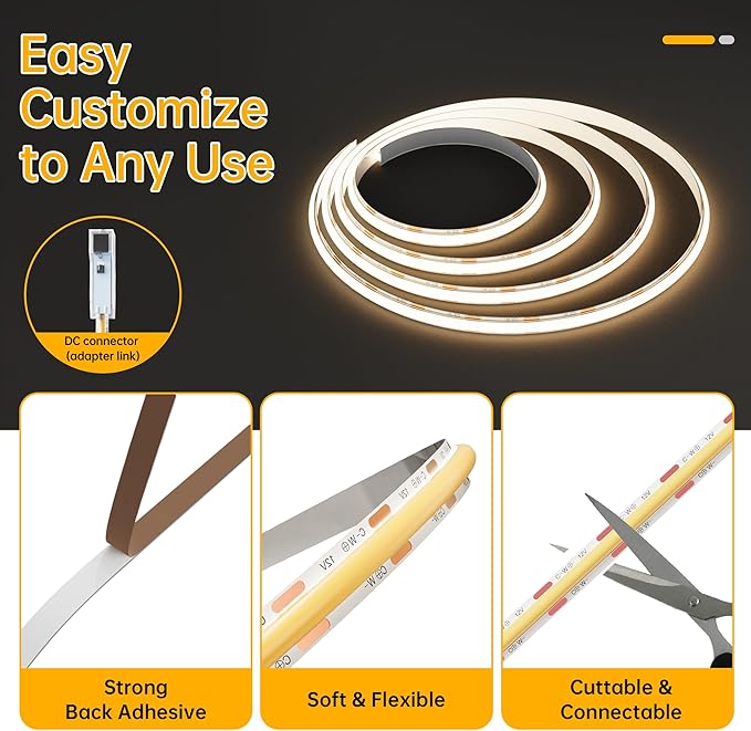 CtrlCV Tunable COB LED Strip Light Kit Dimmable 2700K-6500K Tape Light with IR Remote Adapter Flexible Rope LED Ribbon for Bedroom Home Lighting Mirror Kitchen Bar Cabinet Daylight Warm White