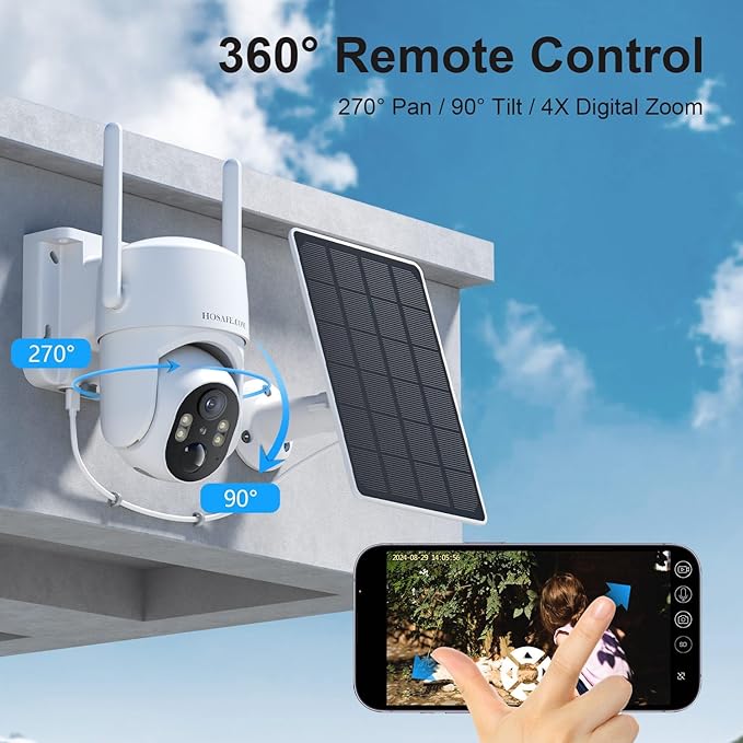 HOSAFE.COM Wireless Security Camera Outdoor, 360° PTZ Remote Cameras for Home Security Solar Powered, 2K 3MP Surveillance & Security Cameras, Free Cloud Storage(Need Apply)