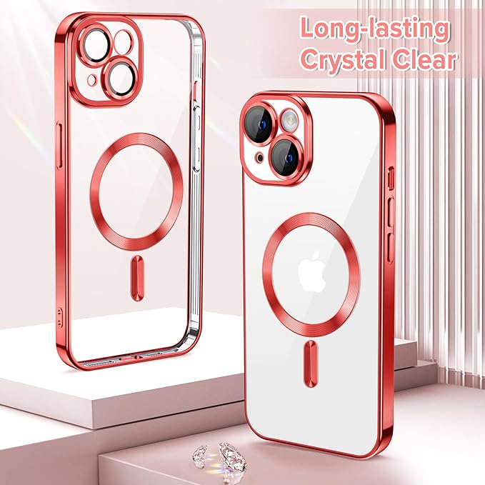 Hython Magnetic Clear for iPhone 14 Case with Camera Lens Protector [Compatible with MagSafe] Luxury Plating Edge Slim Soft TPU Cover Protective Phone Case for iPhone 14 6.1", Red