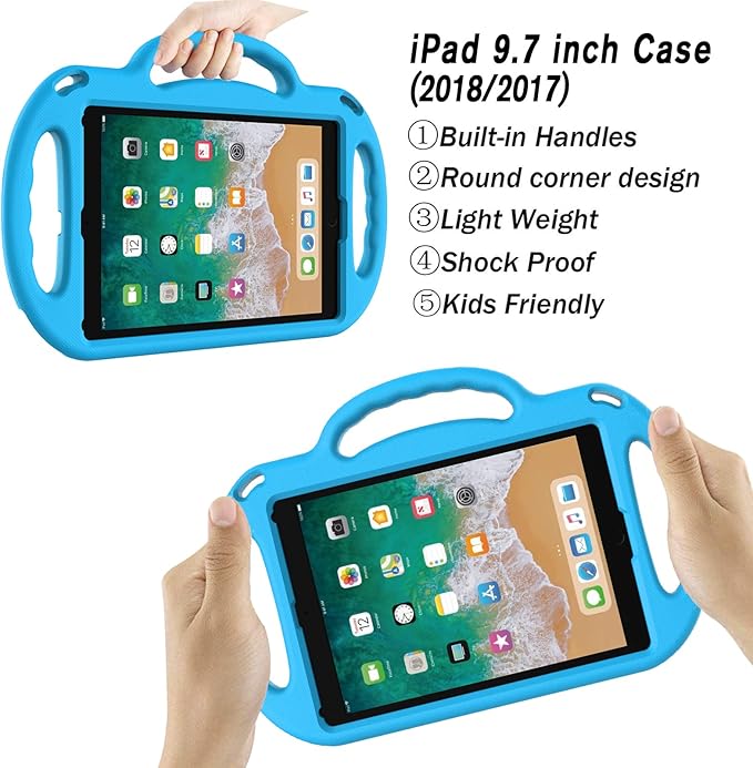 LTROP Kids Case for iPad 5th/6th Generation (9.7 Inch, 2017/2018), Air 1 & Air 2 & Pro 9.7" Case with Shoulder Strap Handle Stand, Blue