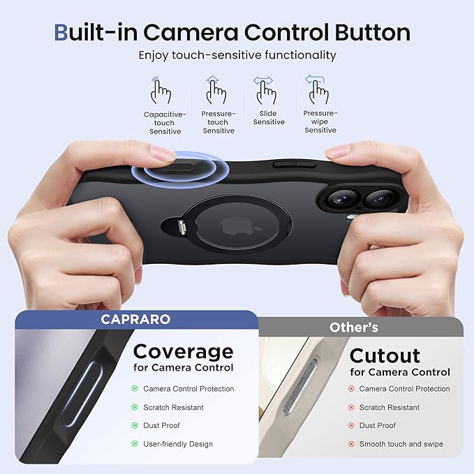 CAPRARO for iPhone 16 Case with 360° Spin Magnetic Stand for Women, [Compatible with MagSafe] [Full Camera Protection] Cute Wave Translucent Matte Case for iPhone 16, Black