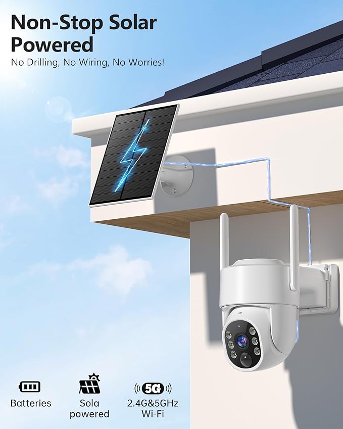 Gianteye 5G Solar Security Cameras Wireless Outdoor, 2K Cameras for Home Security Outdoor, Security Cameras Wireless Outdoor with Color Night Vision, 2-Way Talk, PTZ Human Detection, 2 Packs